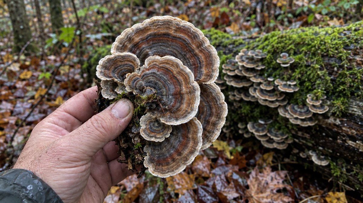 Turkey Tail mushrooms growing on a mossy log