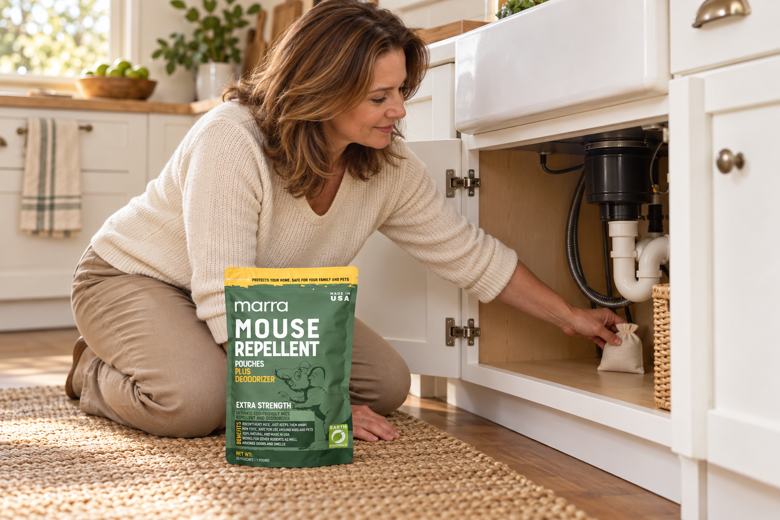 Woman placing a repellent pouch under the kitchen sink